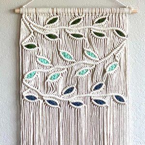 Bohemian 45" Beige Green & Gray Blue Leaf Leaves Macramé Tapestry Wall Hanging